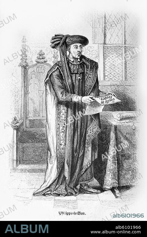 Philipp III. der Gute, Herzog von Burgund; Dijon 31.7.1396 - Brügge 16.6.1467. "Philippe-le-Bon". Holzstich nach Zeichnung von Grandville (1803-1847). Aus: A.G.P. de Barante, Histoire des Ducs de Bourgogne et de la maison de Valois, Paris (Dufey) 1837/38. Paris, Privatsammlung.