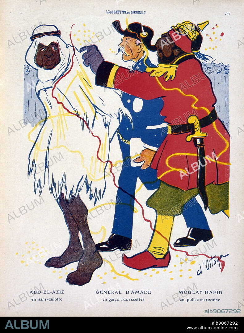 Cartoon showing Abdulaziz of Morocco the Sultan of Morocco, (left) was deposed in 1908. Seen here with General d'Amade and Abdelhafid of Morocco (Mulai Abdelhafid), Sultan of Morocco from 1908 to 1912.