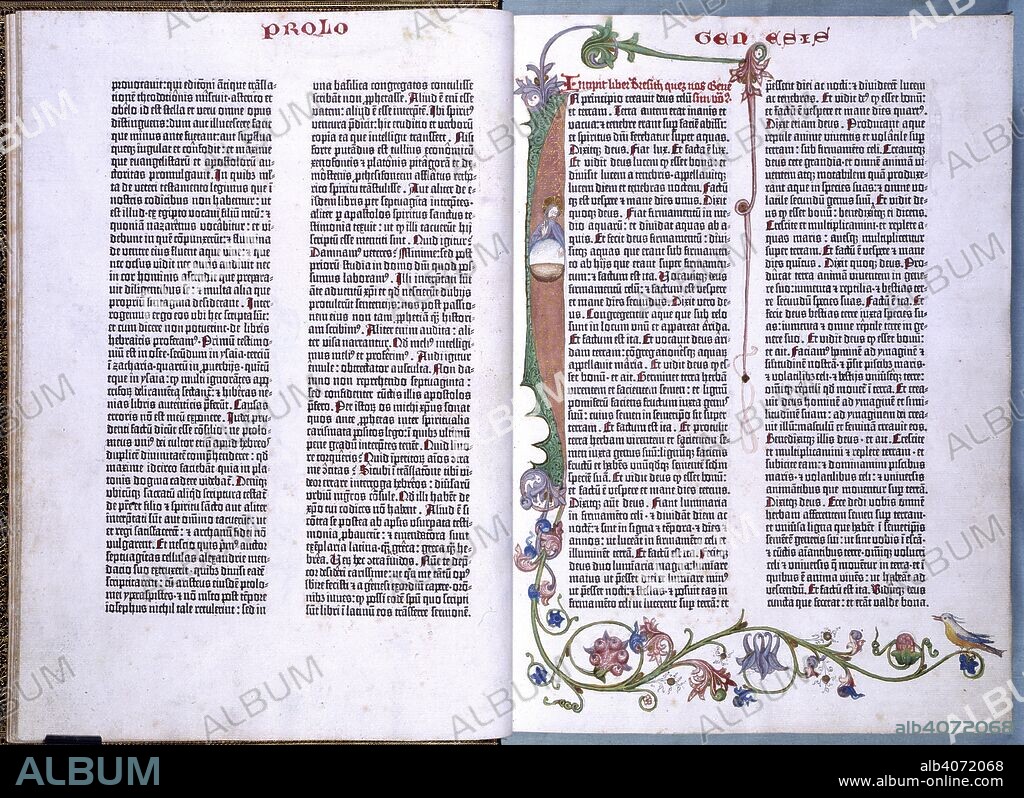 End of St.Jerome's Prologue and beginning of the Book of Genesis, in the Gutenberg Bible. The Gutenberg Bible. Mainz, 1455. End of St.Jerome's Prologue and beginning of the Book of Genesis, with Erfurt illumination. Source: C.9.d.3, 4v-5.