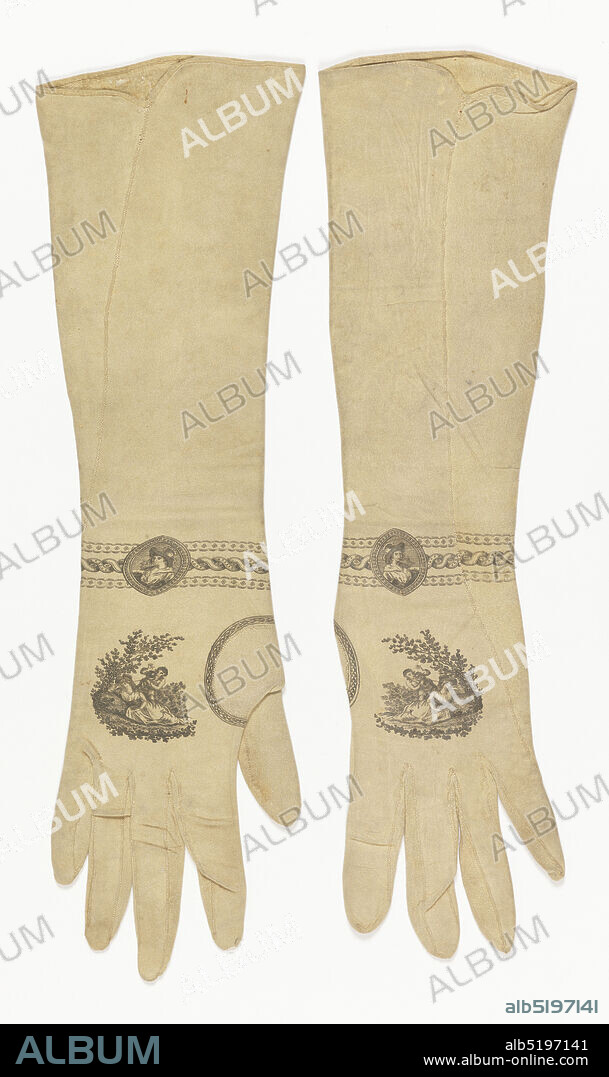 Woman's gloves, Medium: suede Technique: printed, Woman's long suede gloves printed in black ink. Small band of leaves around thumb piece; a country scene with boy and girl on back of hand; and, at the wrist, three bands with medallion showing boy's head. Inside right glove is a mark, now indecipherable except for the 'patent' and what appears to be a crowned shield with coat of arms supported by a lion and a unicorn., England, ca. 1820, costume & accessories, Woman's gloves.