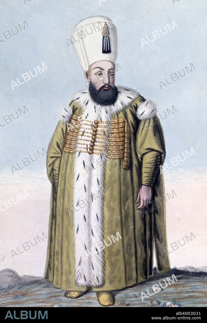 Murad III, Ottoman Emperor, (1808). Murad (1546-1595) was Sultan from 1574. His reign saw lengthy wars with Austria and Persia and an institutional and economic decline within the empire as the sultan preoccupied himself with the amusements of his harem. From A series of Portraits of the Emperors of Turkey, 1808.