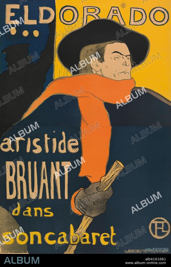 HENRI DE TOULOUSE-LAUTREC. Poster for the performance of Aristide Bruant in the Café-concert Eldorado. Dimensions: 144 cm x 98 cm, 137 cm x 93.5 cm, 151.5 cm x 105.7 cm.
