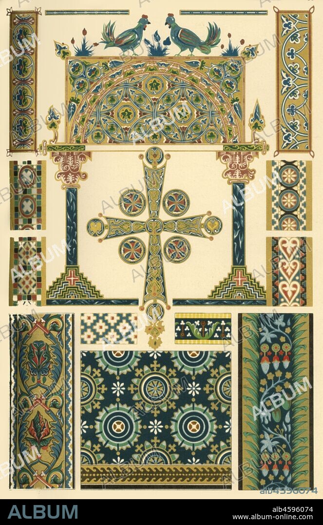 Byzantine glass mosaic, coloured enamel, illumination, (1898). 'Fig 1: Glass-mosaic from the cylindrical vault above the central nave of the tomb-church of Galla Placidia at Ravenna [Italy]. Fig 2: Glass-mosaic from the walls of St. Mark's, Venice. Fig 3: Glass-mosaic from one of the semi-domes of Sta. Sofia, Constantinople [Istanbul]. Fig 4: Glass-mosaic from the vault of the Baptistery of Ecclesia Ursiana (S. Giovanni in Fonte) at Ravenna. Figs 5-9: "Émail cloisonné" from an Altar-Antependium in the Cloister-church at Comburg near Schwäbisch Hall [Germany]. Figs 10 and 11: Illuminations from Gospels of the 10th and 11th centuries in the Imperial Library at St. Petersburg [Russia]. Figs 12 and 13: Ornaments from a manuscript of the 13th century in the public Museum at Moscow. (Fig 1 after an original drawing by A. Knoblauch, architect at Stuttgart. Fig 4, after an original drawing by A. Borkhardt. Figs 5-9, after an original drawing by H Gross, painter and teacher at the Royal Kunstgewerbeschule at Stuttgart...in almost every country of Europe works of art are found, which cannot deny their Byzantine origin'. Plate 31 from "The Historic Styles of Ornament" translated from the German of H. Dolmetsch. [B.T. Batford, London, 1898].