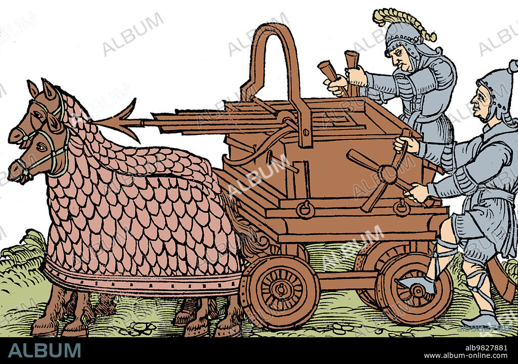 A four-wheeled ballista (carroballista) drawn by armored horses, from an engraving illustrating a 1552 edition of the war-machine catalog De Rebus Bellicis (c._400). The device, mounted on a wagon, is manipulated like a crossbow, shooting large arrows at enemy fortifications.