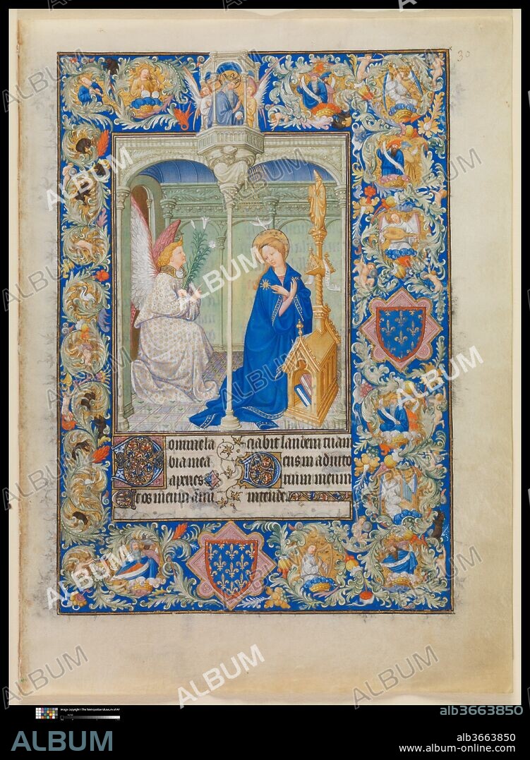 The Belles Heures of Jean de France, duc de Berry. Artist: The Limbourg Brothers (Franco-Netherlandish, active France, by 1399-1416). Culture: French. Dimensions: Single leaf, Overall: 9 3/8 x 6 11/16 in. (23.8 x 17 cm); Double leaf, Overall: 9 3/8 x 13 7/16 in. (23.8 x 34.1 cm). Date: 1405-1408/1409.
Created between 1405 and 1408 or 1409, probably in Paris, the Belles Heures, or Beautiful Hours, a private devotional book, is one of the most sumptuous manuscripts to have come down to us from the Middle Ages. Commissioned by Jean de France, duc de Berry from the Limbourg brothers, the most gifted artists of their time, it is the only manuscript completed by them in its entirety. The richly illustrated text is enhanced by seven unprecedented picture cycles devoted to Christian figures or events that held special significance for the duke. Using a luminous palette, the artists blended an intimate Northern vision of nature with Italianate modes of figural articulation. The keen interest in the natural world and the naturalistic means of representing it, so striking in the 172 illuminations, foreshadow the work of Jan van Eyck and the ensuing generations of outstanding 15th-century painters in the South Netherlands.