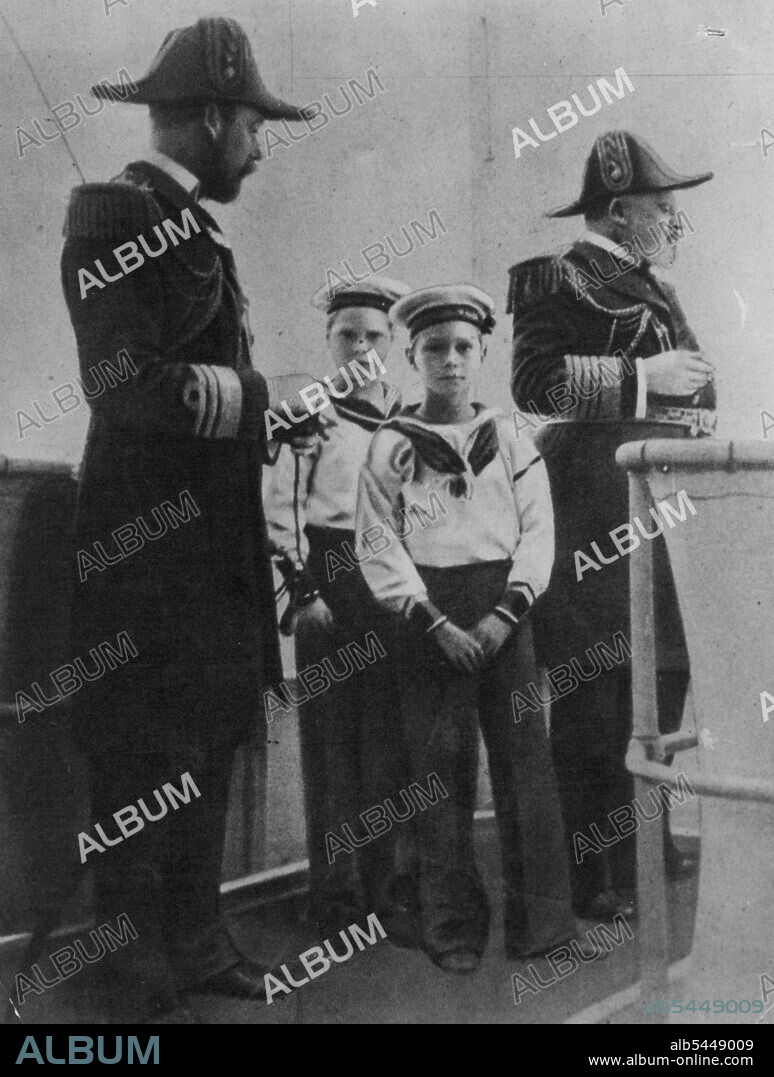 Four males who took the English Throne: George V, Edward VIII, George VI and Edward VII together in the royal yacht. December 28, 1936. King Edward VII of the United Kingdom (right) together with his son Prince George, the Prince of Wales, later George V (left), and his grandsons, Prince Edward of Wales, later Edward VIII, and Prince Albert of Wales, later George VI. Taken by Queen Alexandra, Edward VII?s wife. Printed in Queen Alexandra?s Christmas gift book, published for charity by the Daily Telegraph, London, 1908.