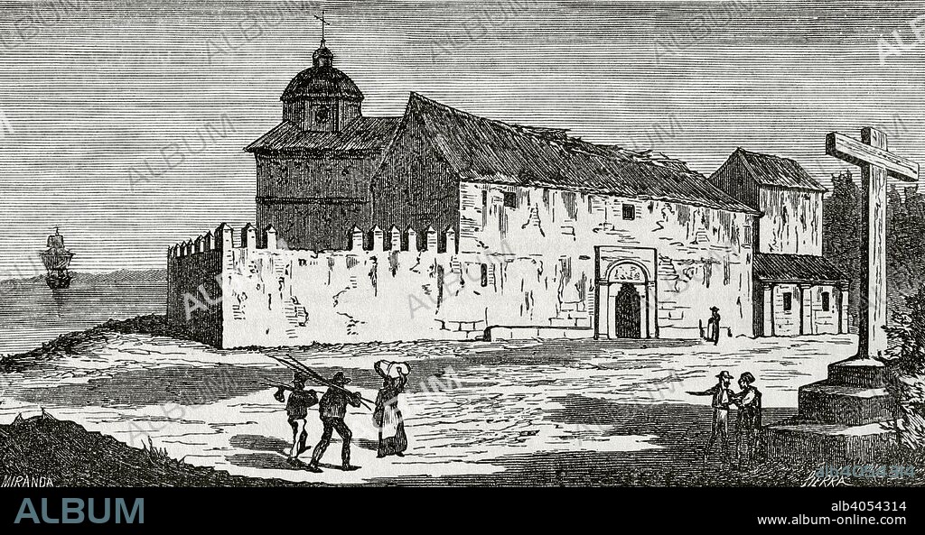 España. Andalucía. Provincia de Huelva. Monasterio de Santa María de la Rábida. En él se hospedó Cristóbal Colón, y en el que se encuentra enterrado Martín Alonso Pinzón. Dibujo por Fernando Miranda. Grabado por Sierra. Crónica General de España, Historia Ilustrada y Descriptiva de sus Provincias. Andalucía, 1867. Biblioteca Histórico Militar de Barcelona, Cataluña, España.