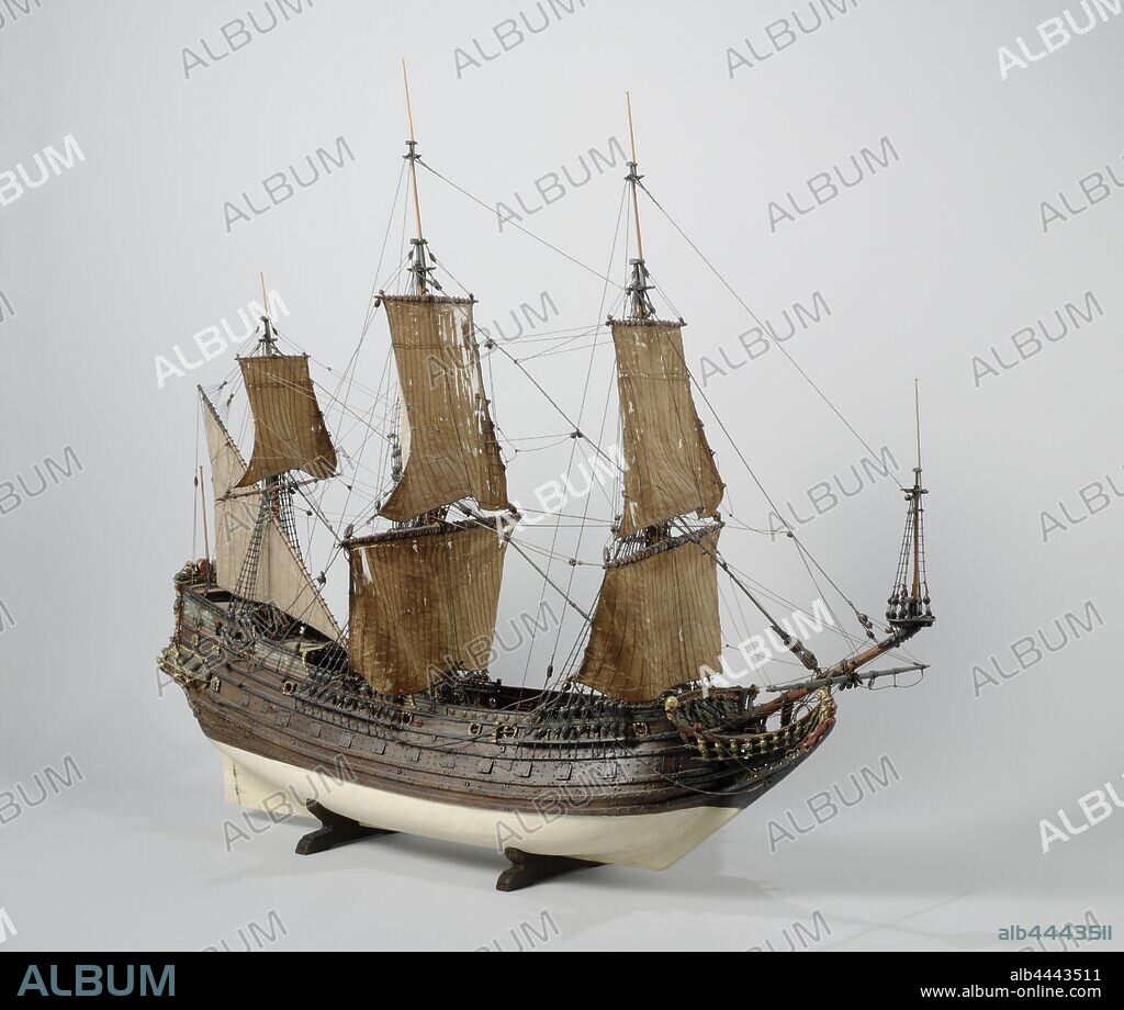 Ship's model of the Prince Willem Ship model of the Prince Willem Model of an East Indiaman, Testified model of an East Indiesman equipped with 58 guns. In the mirror between two mermaids the coat of arms of Middelburg, in the year 1651, below it a full-cut statue in armor and two lions, one with the Orange tree the other with the freedom hat and above the witches a cartouche with the initials VOCZM (Zeeland room) of the VOC in Middelburg) and on the plate: Prince Willem 1651. A wul face of Middelburg is painted on the wulf, the galleon has carved struts and on the steg a red lion with a golden mane., sailing-ship, sailing- boat, Middelburg, Strait of Taiwan, Europe, Prince Willem (ship), Dutch East India Company, VOC Chamber Zeeland, Willem II (Prince of Orange), anonymous, Netherlands, 1651, wood (plant material), h 115 cm × l 142 cm × w 60 cm.