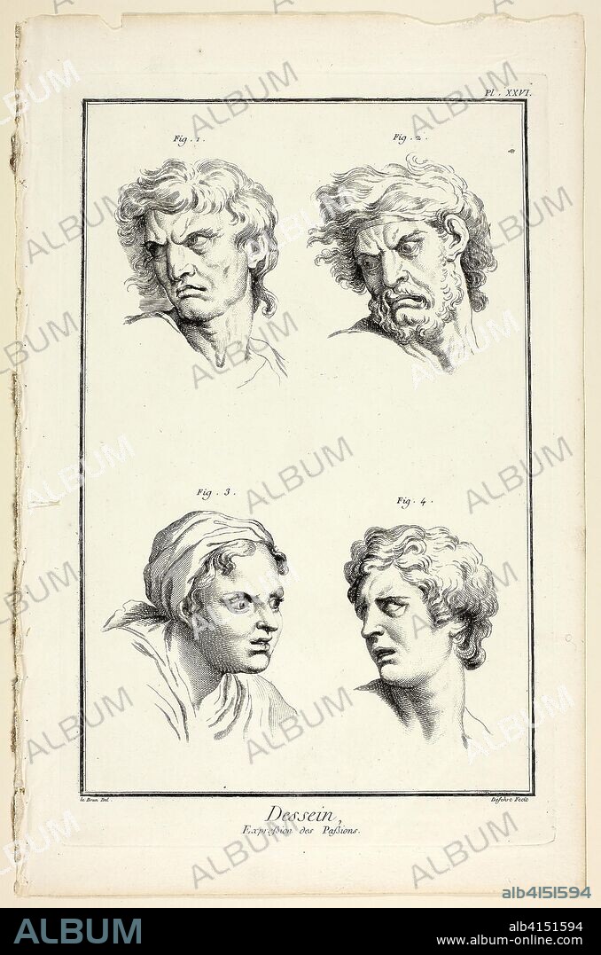 Drawing: Expressions of Emotion (Hate or Jealousy, Anger, Desire, Physical Pain), from Encyclopédie. A. J. Defehrt (French, active 18th century); after Charles le Brun (French, active 17th century-1765); published by André le Breton (French, 1708-1779), Michel-Antoine David (French, c. 1707-1769), Laurent Durand (French, 1712-1763), and Antoine-Claude Briasson (French, 1700-1775). Date: 1762-1777. Dimensions: 317 × 215 mm (image); 355 × 225 mm (plate); 400 × 260 mm (sheet). Etching with engraving on cream laid paper. Origin: France.