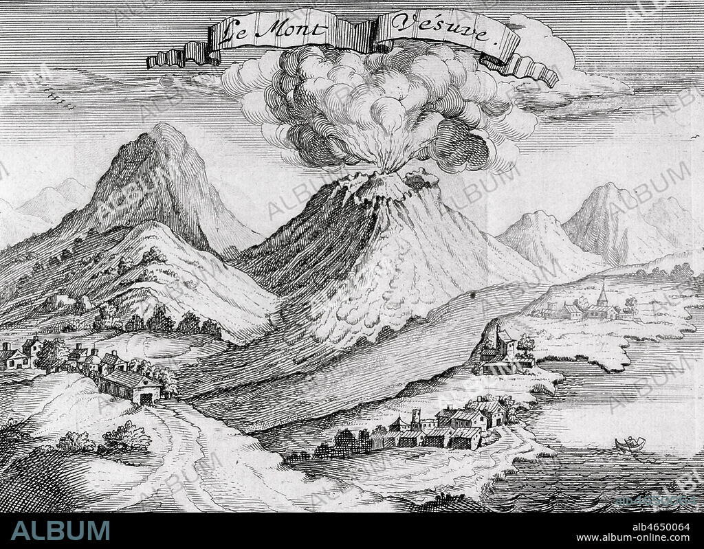 'Le mont VESUVE' en eruption. Gravure tiree de l'ouvrage 'nouveau voyage d'Italie', en 1702. Credit : Collection KHARBINE-TAPABOR.