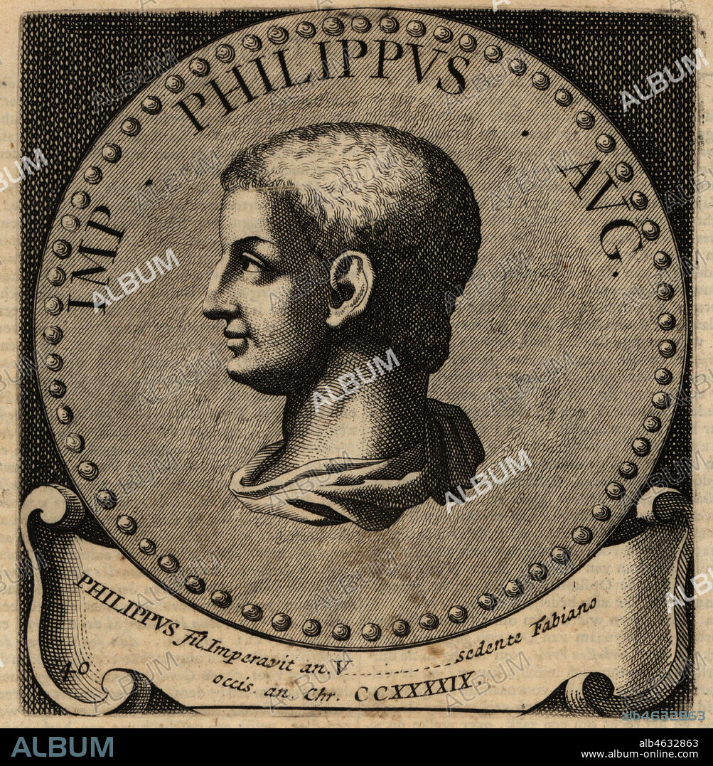 Roman Emperor Marcus Julius Philippus Severus, 238-249. Philippus II, Philip II and Philip the Younger. Copperplate engraving from Abraham Bogaerts De Roomsche Monarchy, The Roman Monarchy, Francois Salma, Utrecht, 1697.