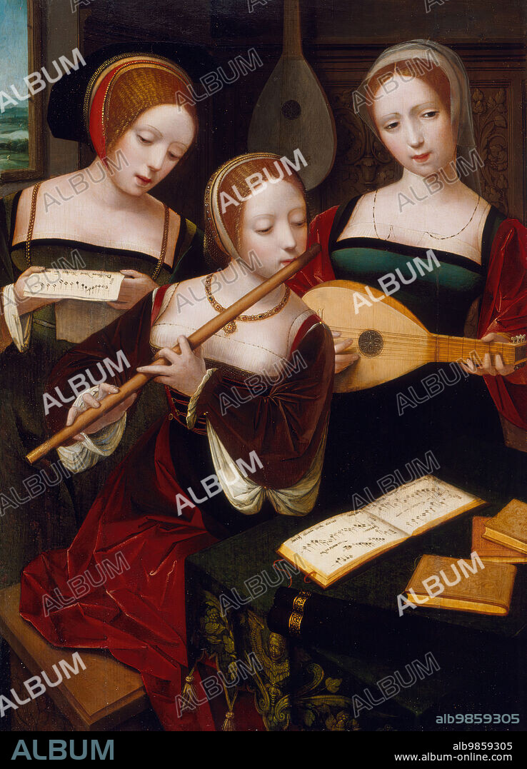 MASTER OF THE FEMALE HALF-LENGTHS. Three musicians / Three ladies playing music, c1530. Three female Musicians playing the poem 'Jouissance vous donneray' by Clément Marot, music by Claudin de Sermisy.
