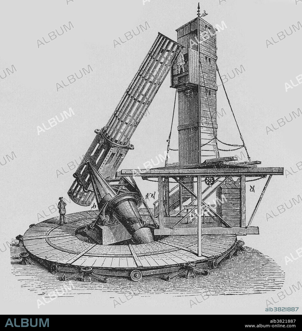 English astronomer William Lassell's 24-inch reflecting telescope, completed in 1845. Lassell's (1799-1880) telescope was the first to be mounted equatorially. With it, in 1851, he discovered four new satellites: Neptune, Neptune's largest moon, and two moons of Uranus.