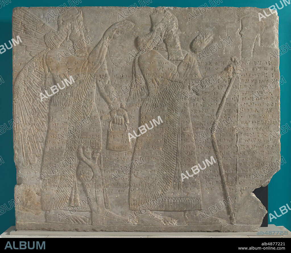 Unknown Artist, Assyrian Relief: Winged Spirit or Apkallu Anointing Ashurnasirpal II from Kalhu (Nimrud), Iraq, ca. 875860 B.C.E., gypsum (Mosul alabaster), 65 11/16 in. x 78 1/8 in. x 6 3/8 in. (166.8 cm. x 198.5 cm. x 16.2 cm.), This relief shows the king Ashurnasirpal with a protective spirit, or apkallu figure behind. The king wears the fez-and-tiara crown that signals his regal status. His robe is long and tasseled with daggers tucked into the folds. Holding a bow in his left hand Ashurnasirpal raises his right. The protective spirit behind wears a horned crown, short kilt, and sports wings that signal his divine status. He anoints the king with a 'purifier,' as it is called in Assyrian texts, which extends a fertile gift to the Assyrian king. The 'Standard Inscription' of Ashurnasirpal, common to many of his reliefs, runs across the middle of the sculpture. It records the King's titles, ancestry and achievements.
