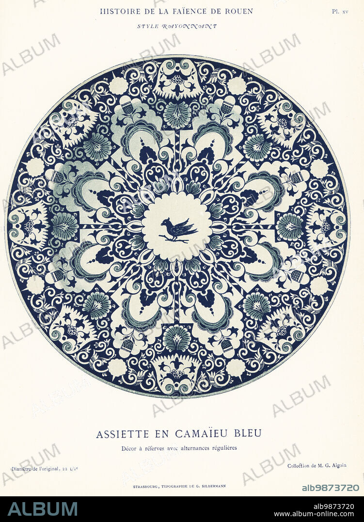 Plate in blue camaieu, festoon style. Assiette en camaieu bleu, style rayonnant. Chromolithograph after an illustration by Emilie Pottier from Andre Pottier's Histoire de la Faience de Rouen, Auguste le Brument, Rouen, 1870.