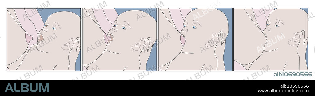 Illustration depicting an infant latching on to breastfeed. The baby's head is tilted back slightly, supported by the mother's hand, so the nipple can be positioned upward in the baby's mouth. A deep latch is crucial for successful breastfeeding.