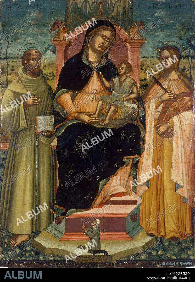 DONATUS PITZAMANOS (BIZAMANO) (DONATO). Virgin of Costantinople (Virgin and Child on the throne with Saints Francis of Assisi and Catherine of Alexandria, with a donor).