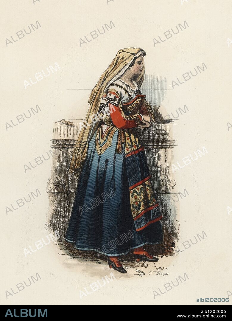 Mujer de Cervera (Reino de Nápoles), en la Edad Moderna. Grabado en color de 1870.
