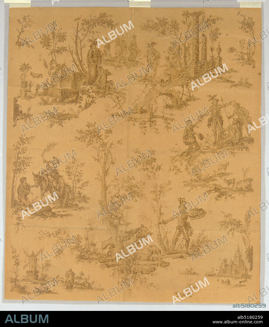 Proof for textile: Don Quichotte [Don Quixote], Jean-Jacques Lagrenée the Younger, 1739 1821, Oberkampf & Cie., (Jouy-en-Josas, France, 17591815), Engraving in dark brown gum paste ink on pieced laid paper with four deckle edges, The central scene depicts Don Quichotte attacking a boar (Don Q. is oriented right to left with a pointed shield held in his left arm, Sancho Panza in the tree oriented from left to right); three other major scenes: to the left Dulcinea with Don Q. and S. P., on the right Don Q. with S.P. and two other 'knights', above two ruined columns and urn with figure of Don Q., SP. and Dulcinea (?) and bridge; to left Don Q. and S.P. next to a rectangular fountain with putto , womand and child to left; lower left corner of sheet windmill and bridge, lower right, castle and boats., Jouy, France, 1780, Print, Print.
