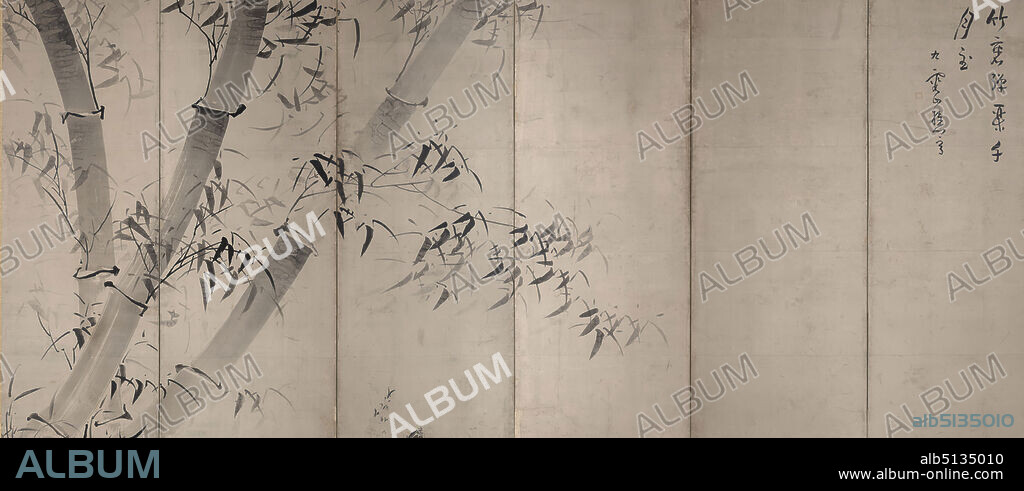 Artist: Ike no Taiga, Japanese, 17231776, Moonlight Bamboo, ca. 175860, Six-panel folding screen: ink on paper, without mounting: 60 15/16 × 141 1/8 in. (154.8 × 358.4 cm), Ike Taiga was arguably the most celebrated literati artist in eighteenth-century Japan. In this painting, Taigas gigantic bamboo trunks, embellished with clusters of leaves rustling in a light breeze, are formed in superb ink tonalities. Taigas poem reads, Playing the koto [zither] in a bamboo grove, the moon came from a thousand miles away (to shine on me). Though there is no moon in the composition, bamboo leaves in light ink evoke the illumination of the moon. The empty area at right represents a meditative space. Salters works reflect a profound understanding of the Zen philosophy of nothingness, and she speaks of her works as places where she can disappear while she is making them. , Japan, Japanese, Edo period (16151868), Paintings.