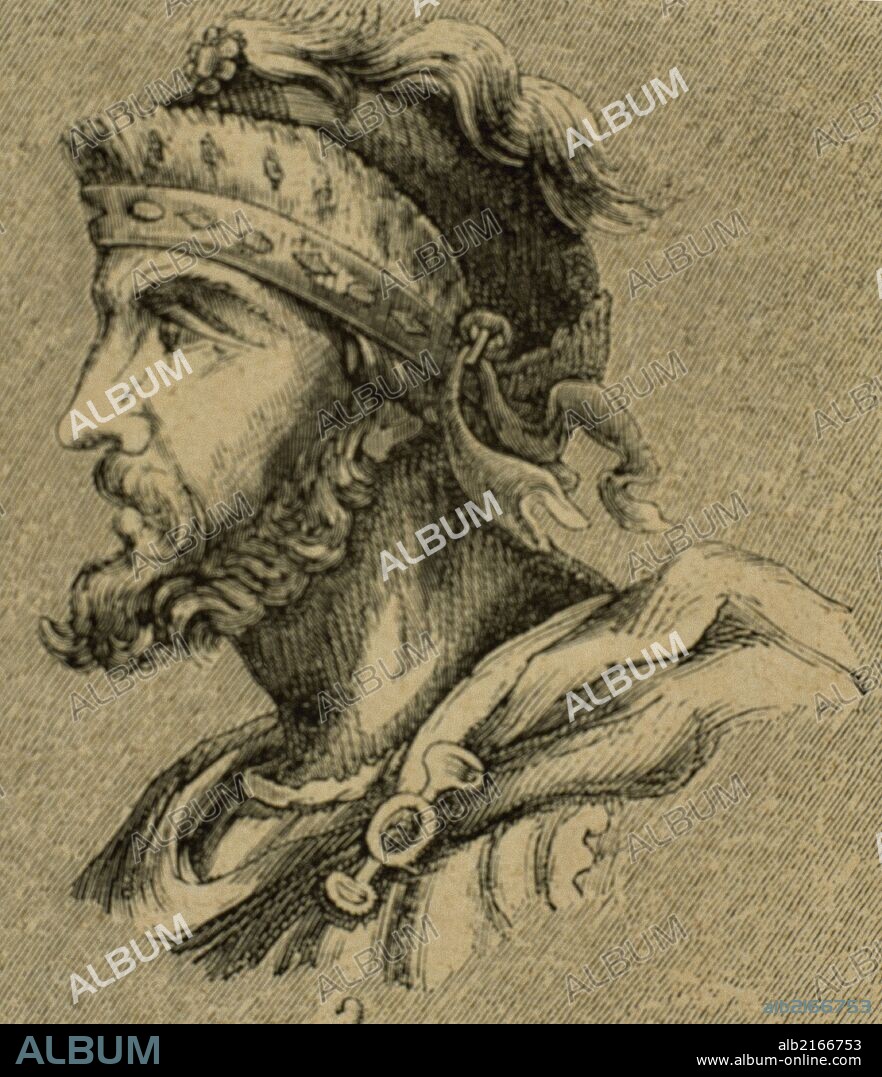 ATANAGILDO. Rey visigodo (551-Toledo, 567), elegido por los enemigos de Agila durante una sublevación de la Bética. Grabado.