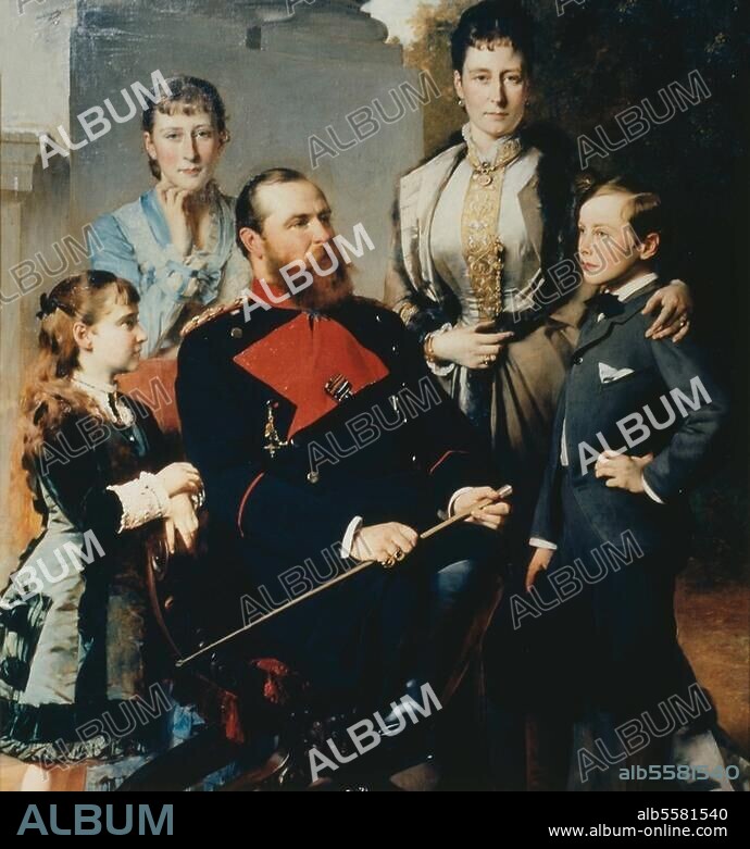 Ludwig IV., Großherzog von Hessen-Darmstadt (1877-92); 1837-1892. / - "Die Familie des Großherzogs von Hessen" (Mit Gemahlin Alice, Prinzessin von Großbritannien, Sohn Ernst Ludwig und den Töchtern Elisabeth und Alix). Gemälde, 1879, von Heinrich von Angeli (1840-1925). Öl auf Leinwand, 167,6 × 149,9 cm Her Majesty Queen Elizabeth II.