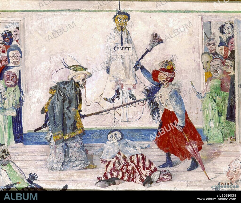 Skeletons disputing before a hanged man (1891). by James Ensor. In the Koninlijk (?) museum Voor de Kunsten, Antwerp. This artist only became a national of the country with which he is associated in 1929, when he was well into his 60s. Known for works with dramatic imagery and strong emotional impact, he was a main influence on the German Expressionists, especially Emil Nolde. Among the grotesque figures that recur in his works are masks and skeletons, typified by 1891's Skeletons Fighting for the Body of. a Hanged Man. Belgian artist, perhaps best known for Christ's Entry into Brussels in 1889. ©Topham.