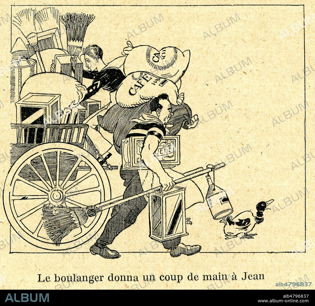 Le boulanger donna un coup de main a Jean. Illustration de 1925 par Felix LORIOUX (1872-1964) pour L'Oncle Lacroustille de Magdeleine du GENESTOUX (1873-1942). ADAGP. Credit : Collection PITT/Kharbine-Tapabor.