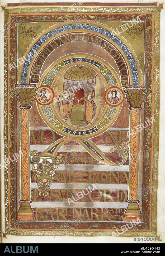 Incipit page of St Luke's Gospel. Text with initial 'Q', Zacharias is told by an angel of the forthcoming birth of John the Baptist. Harley Golden Gospels. Four Gospels (the 'Golden Gospels', 'Harley Golden Gospels'; 'Codex Aureus'), with canon tables. Carolingian Empire [Aachen?]; circa 800. Source: Harley 2788, f.109. Language: Latin.