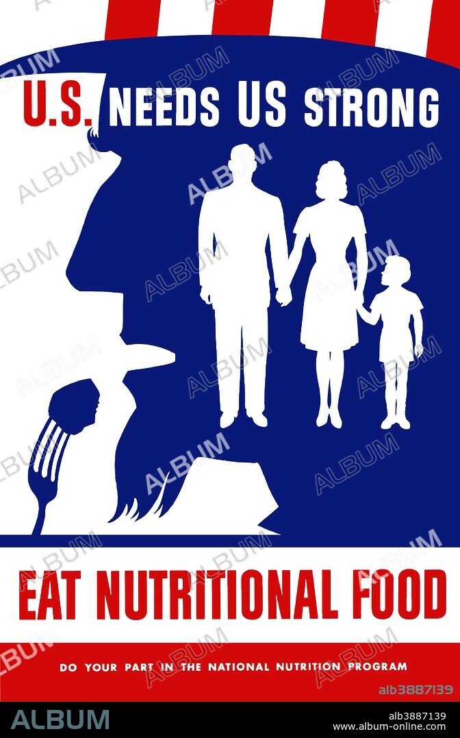 Vintage WPA poster of Uncle Sam taking a bite of food. It reads, U.S. needs us strong, eat nutritional food, do your part in the national nutritional program.