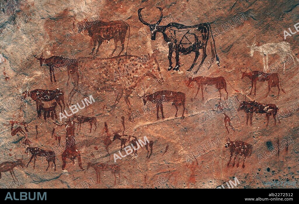 Cattle, rock painting, Tadrart Acacus Massif (Unesco World Heritage List, 1985), Libya.