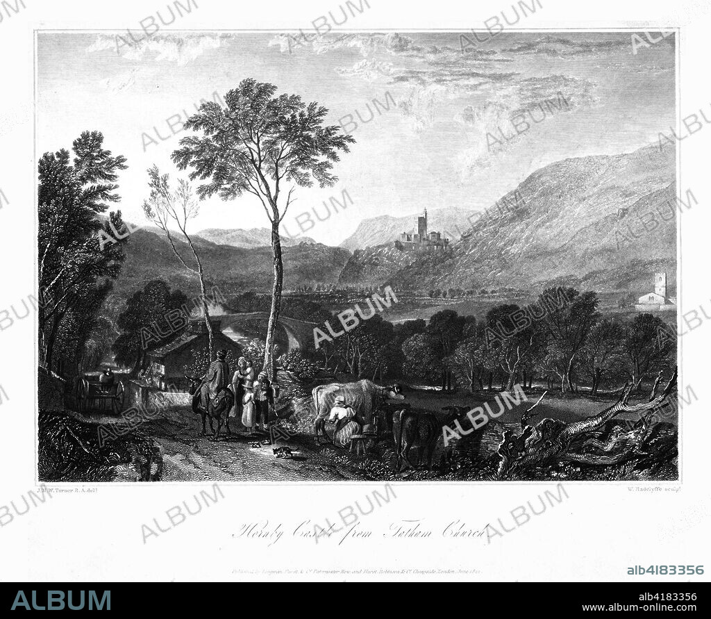 'Hornby Castle from Tatham Church', c1822. Rural scene with cows and milkmaids. Hornby Castle in Yorkshire was a medieval (14th-15th century) courtyard castle. It was extensively rebuilt by John Carr, a York architect, in the 1760s.