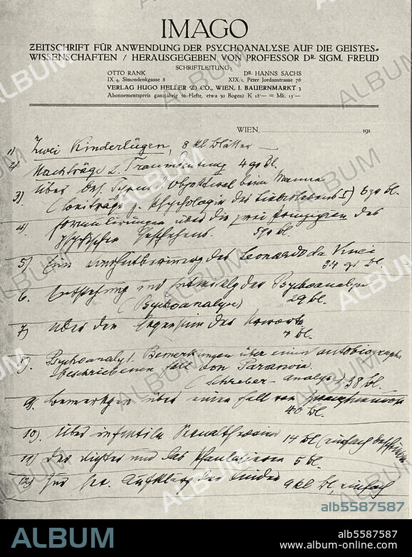 Sigmund Freud, neurologist, founder of psychoanalysis, 1856-1939. Handwritten entries on an envelope with the letter head of the journal Imago published by Freud.