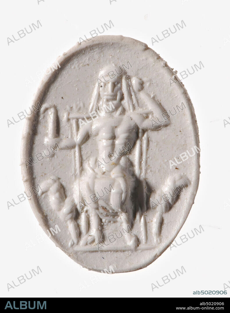 Vz: the god sits on a throne with a high back, he carries a himation around his legs and, probably, a veil on his head, he has a sickle in his left hand and his right arm leans on the throne, on each side of the throne an unidentified animal (right a ram?)., gem, intaglio, ringstone, carnelian, Color: red, Shape: oval, Processing: edges cut in front and back with respect to the middle of the edge, Method: lumpy body modeling with rounded drills, detailing with short rounded wheel grooves., 13.5 x 9.5 mm, D. 2.5 mm, 2nd century AD. 100-200 AD.