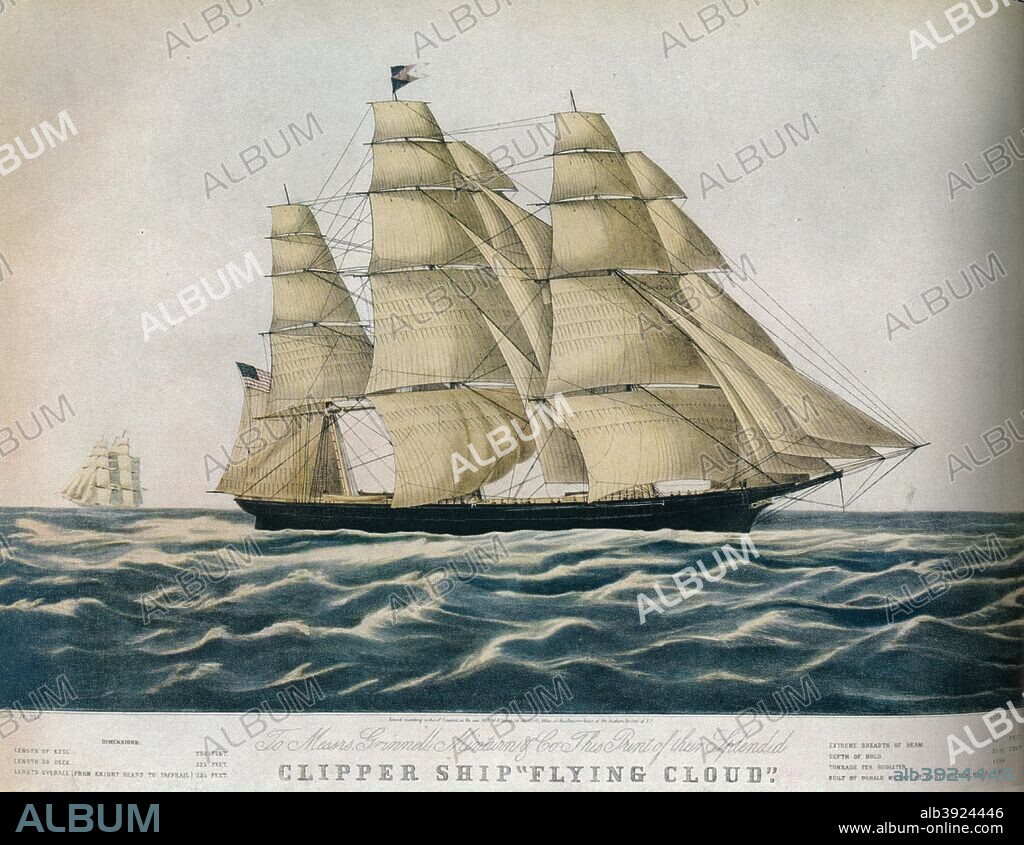 'Clipper Ship: Flying Cloud', 1852. Designed by Donald McKay and built in Boston, the 'Flying Cloud' was considered one of the best clippers ever built. Launched in 1851, she completed the voyage from New York to San Francisco around Cape Horn in 89 days and 21 hours, at one stage covering 374 miles in a 24 hour period. In 1871 'Flying Cloud' ran aground off St John's, Newfoundland and was condemned, burnt and her fittings sold for scrap. Print published by Currier and Ives, New York, USA. From The Studio Volume 122. [The Studio Ltd, London, 1941].