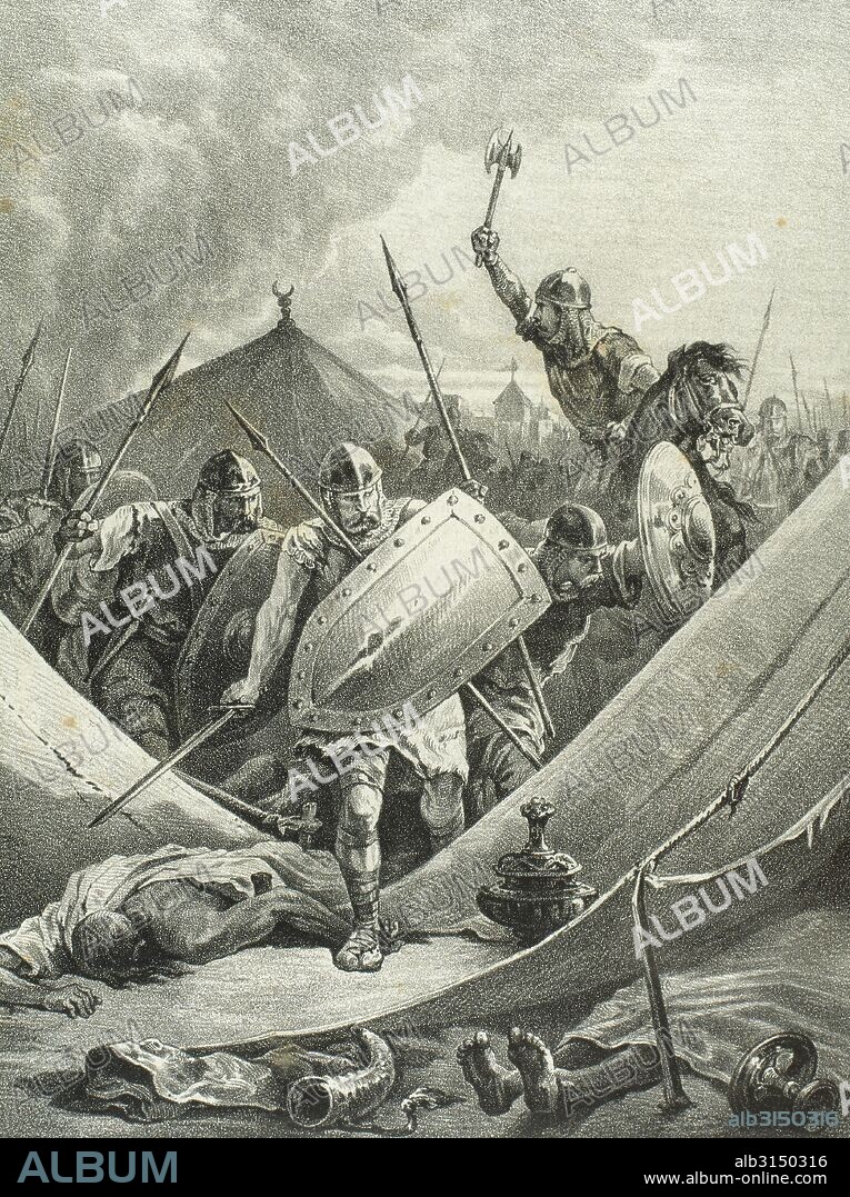 "BATALLA DE VALDEJUNQUERA" o "CAMPAÑA DE MUEZ" (26 de julio de 920). Victoria del emir Abderramán III sobres las tropas conjuntas de ORDOÑO II de León y SANCHO GARCES I de Navarra. Tuvo lugar en el valle de Junquera, cerca de Pamplona, en el curso de una campaña de castigo en réplica a los intentos reconquistadores de los reyes cristianos. "Historia de España ilustrada", por Rafael del Castillo, año 1871. Grabado.
