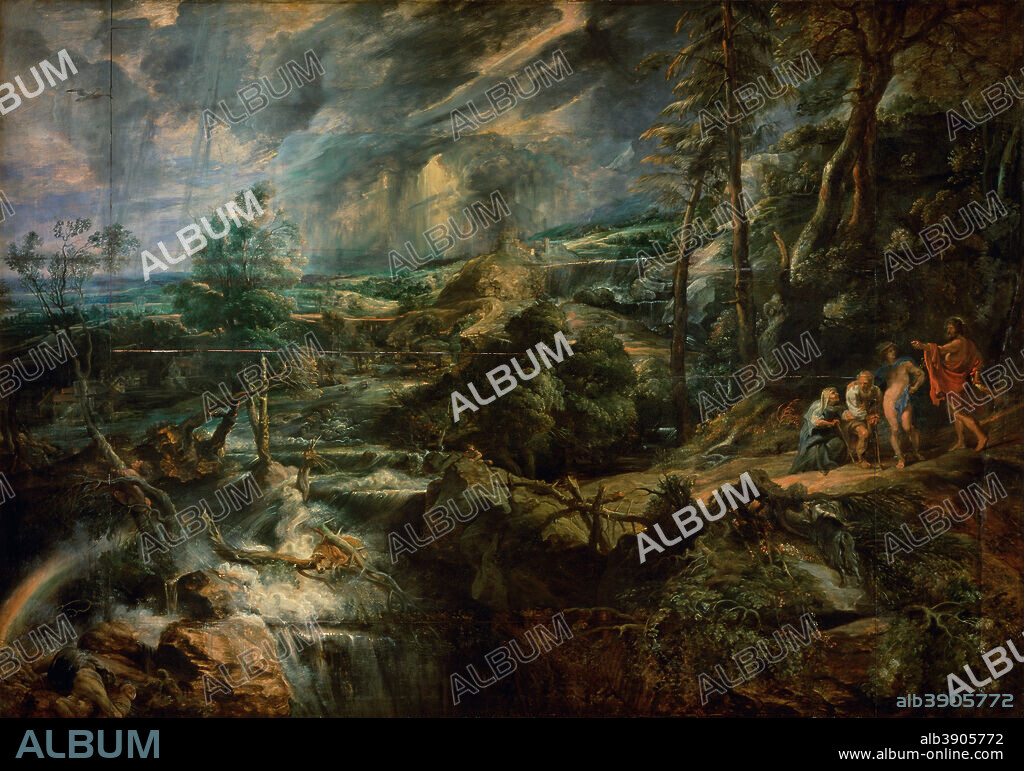 PETER PAUL RUBENS. Gewitterlandschaft mit Philemon und Baucis / Stormy Landscape with Philemon and Baucis. Date/Period: Ca. 1620-1625 (dating controversial). Painting. Oil on oak. Height: 146 cm (57.4 in); Width: 208.5 cm (82 in).