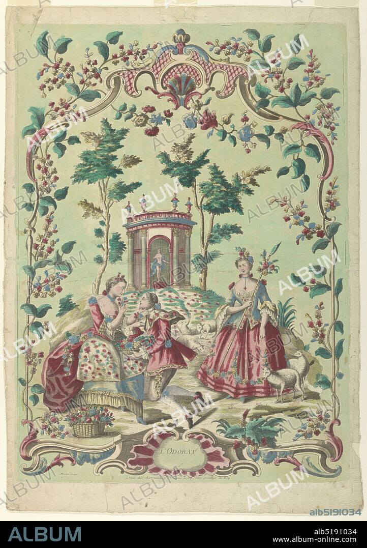 The Sense of Smell, François-Thomas Mondon, French, ca. 1709 1755, Etching, brush and watercolor on paper, At left a woman and a kneeling man are amelling flowers taken from a basket which he holds. A shepherdess stands at right, surrounded by sheep. On a little hill beyond them is a circular building in which is a partially draped statue of a woman., France, ca. 1750, ornament, Print, Print.