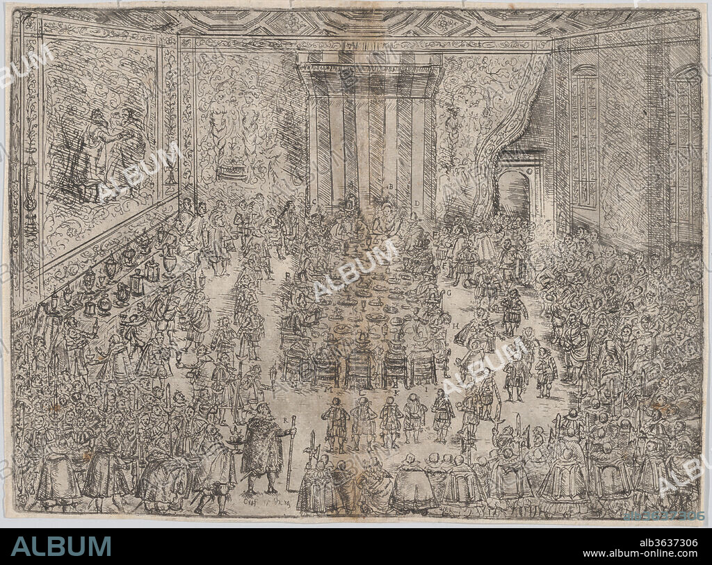 The Princely Meal (Die Fürstliche Mahlzeit), from a series depicting the wedding of Wolfgang Wilhelm, Duke of Pfalz-Neuberg, Pfalzgraf, and Magdalena, Duchess of Bavaria, in Munich, 1613 (Plate 7). Dimensions: Sheet (Trimmed to plate): 8 9/16 × 11 1/2 in. (21.8 × 29.2 cm). Published in: Augsburg. Publisher: Wilhelm Peter Zimmermann (German, active Augsburg from 1589, died ca. 1630). Date: 1614.
This print is one of 11 etched illustrations from a book containing a description of the wedding festivities for Wolfgang Wilhelm, Duke of Pfalz-Neuberg, Pfalzgraf (1578-1658) and Magdalena, Duchess of Bavaria (1587-1628).  The marriage took place in Munich on November 12, 1613, and the commemorative book was published by Wilehlm Peter Zimmermann in 1614 in Augsburg.  Plates 4, 7, and 10 are in the collection of The Metropolitan Museum of Art.  
Book title: Beschreibung und kurtze Radierte entwerffung der Füsrtlichen Hochzeit So Der Durchleuchtig und Hochgeborn Fürst und Herr Herr Wolffgang Wilhelm Pfalzgraff bey Rhein/ Hertzog in Bayrn... Mit.. Fürstin Fraw Magdalena Pfalzgräfin bey Rhein Hertzogin in Obern und Nidern Bayrn. Zu München im sechszehenhunfert und dreyzehenden Jahr den zwölfften Novembris Celebriert und gehalten (Wilhelm Peter Zimmermann, Augsburg, 1614)
See: Herzog August Bibliothek, Wolfenbüttel, for a fully digitized copy of the book.