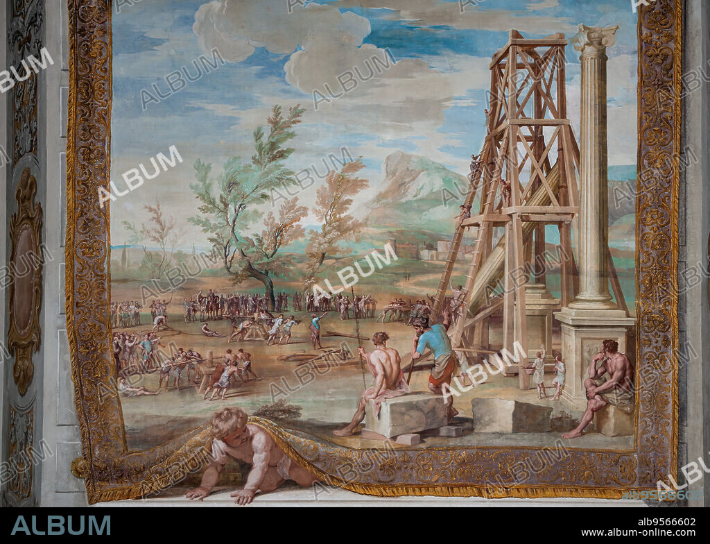 Sassuolo, Este Ducal Palace, the Bacchus Gallery: Raising the Columns on the River Ganges.. The faux tapestry from which a putto peeks out depicts a vast river landscape dominated in the foreground by the scaffolding of the two Corinthian columns. Bacchus, seated on a boulder, observes the numerous workers with ropes and winches. It is one of the forty-one panels with scenes painted by Jean Boulanger which narrate the events of Bacchus. Wall tempera painting, 1650 - 52.. Detail.