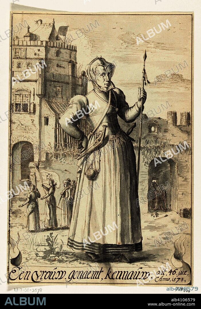 Portret van Kenau Simonsdochter Hasselaer, 1573. Een vrouw genaemt kennauw; out 46 jaer, Anno 1573 (title on object). Draughtsman: anonymous. Dating: 1600 - 1799. Place: Northern Netherlands. Measurements: h 275 mm × w 188 mm.