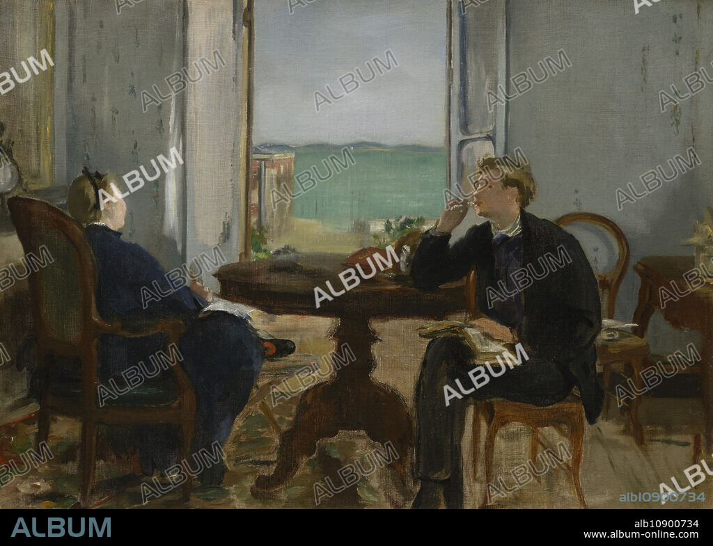 EDOUARD MANET. Interior At Arcachon, 1871. Manet's wife looks up from her writing to enjoy the view, while her son holds what appears to be a cigarette, seemingly lost in thought.