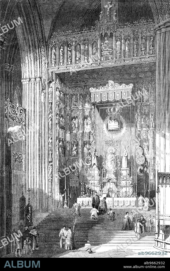 The Grand Altar of the Cathedral of Seville - painted by David Roberts, R.A., 1857. Engraving of a painting showing the 'magnificent Gothic Retablo...[which] is divided into forty-four compartments, [and was] designed in 1482 by Dancart, and finished in 1550. The carvings represent scenes from the New and Old Testament. The decorations and tabernacle of the altar itself are of a much more modern date, and, including the images that surmount them, representing the Virgin and Child flanked by Apostles, are of massive silver...By machinery the curtain...is drawn asunder, and the Host in a tabernacle covered with jewels, is displayed, the concealed light falling from above and causing the precious stones to glitter in a peculiarly brilliant manner...The illustration...is due to the pencil of Mr. David Roberts, the most successful of our painters of Gothic architecture...'. From "Illustrated London News", 1857.