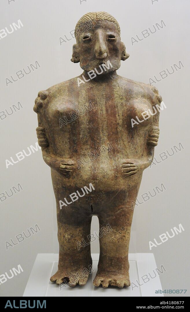 Figura representando una mujer embarazada. Cerámica pintada. Estilo Nayarit. Período Protoclásico (100 a. C-250 d. C.). Occidente de México. Museo de América. Madrid. España.