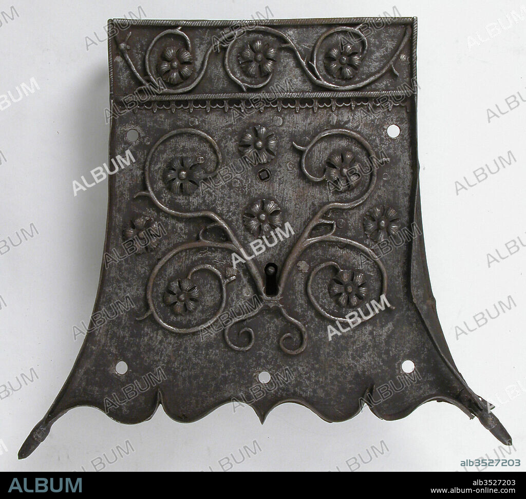 Lock, early 16th century, German, Iron, Overall: 14 9/16 x 16 7/16 x 3 3/8 in. (37 x 41.8 x 8.6 cm), Metalwork-Iron, The decoration of Gothic iron locks and keys was often elaborate and of the highest standard of workmanship. The motifs were frequently drawn from Gothic architecture, reproducing on a miniature scale complicated tracery patterns and even tiny statuettes.