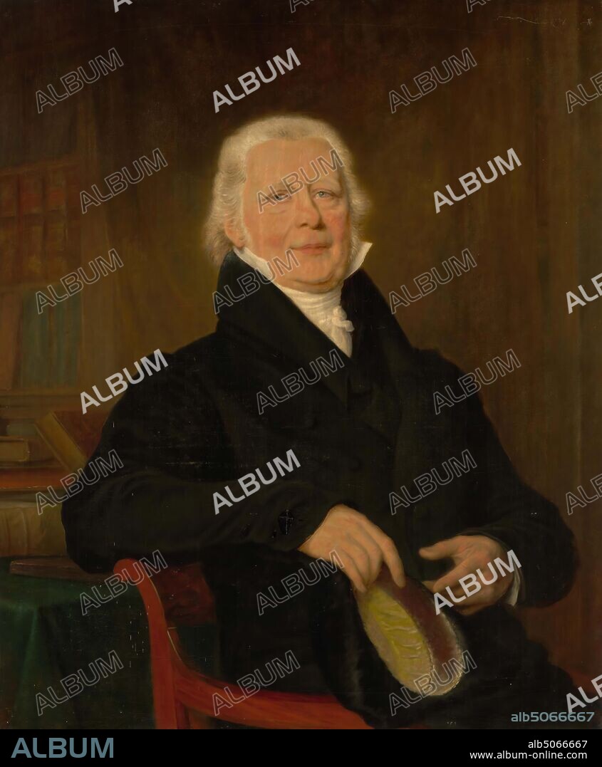painting, Louis Moritz, ca. 1840, canvas, oil paint, painted, Carrier: 102.5 × 85 × 2cm (1025 × 850 × 20mm), With frame: 124.3 × 106.5 × 10 , 3cm (1243 × 1065 × 103mm), man's portrait, Portrait of a man: Godefridus Joannes Schacht. He is depicted to the knees, turned slightly to the right and looking at the viewer. He is in an armchair. He holds a yellow-lined headgear in the right hand; with his right elbow he leans on the back of the armchair. He has gray hair and is wearing a black skirt with a white pointed collar. To the left behind him is a green cloth-covered table with books and a bookcase. Not signed. The painting is in a gilded wooden frame, 1882.