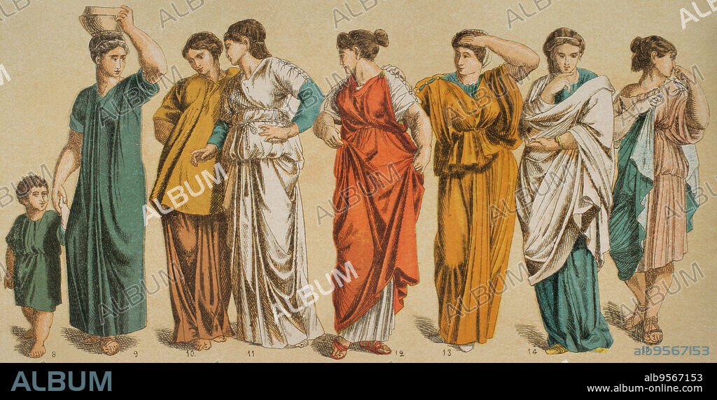 Epoca romana. Indumentaria. De izquierda a derecha: 8- Niño con túnica de manga corta, 9- túnica interior romana, 10- chaqueta romana para joven, 11- estola de mujer romana, 12- túnica romana para mujer, 13, 14 y 15- abrigos para mujer romana. Cromolitografía. Historia Universal, por César Cantú. Tomo II, 1881.