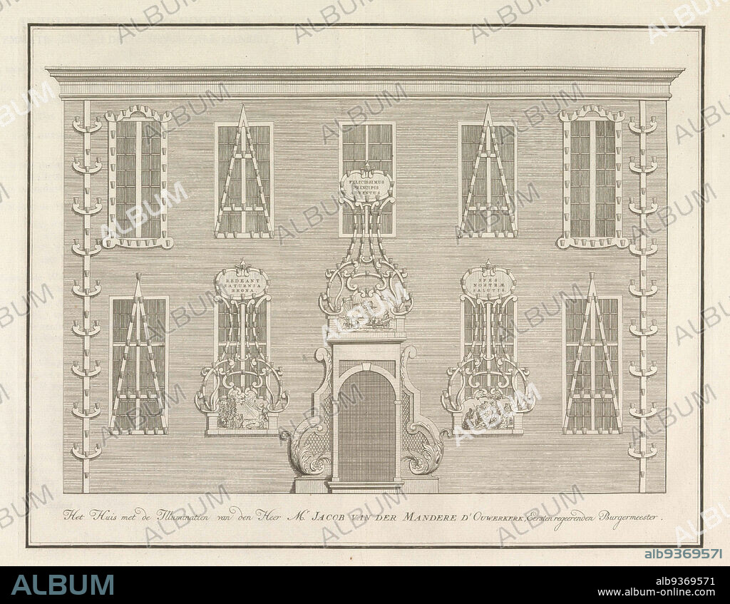 Illumination on the house of J. van der Mandere d'Ouwerkerk, 1751, Het Huis met de Illuminatien van den Heer Mr. Jacob van der Mandere D'Ouwerkerk, Eersten regeerenden Bugermeester (title on object), Illumination affixed to the facade of the house of Mayor Jacob van der Mandere d'Ouwerkerk in honour of the visit of Stadholder William IV. Illustration in the book about the inauguration of Willem IV as stadholder of Vlissingen on June 5, 1751, p. 54/55., print maker: anonymous, publisher: Isaak Tirion (mentioned on object), print maker: Northern Netherlands, publisher: Amsterdam, 1753, paper, etching, height 295 mm × width 375 mmheight 415 mm × width 475 mm.