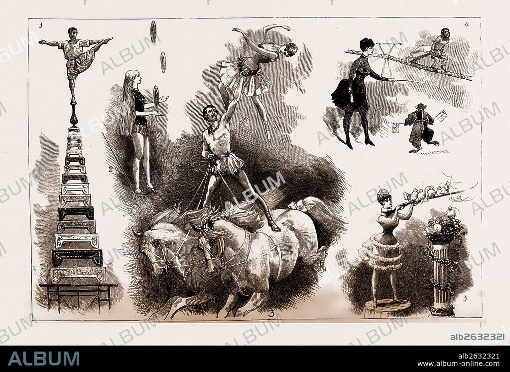 THE CIRCUS AT COVENT GARDEN THEATRE, LONDON, UK, 1886: 1. One of the Arab Acrobats 2. Performance on the Slack Wire by Mddle. Gisella. 3. "Graceful Double Act on two Barebacked Horses by Jennie O'Brien and Mr. George Gilbert." 4. Fraulein Eichlerette Exhibits her Troupe of Monkeys. 5. Miss Jennie O'Brien Fires a Rifle with Pigeons Perched upon it.