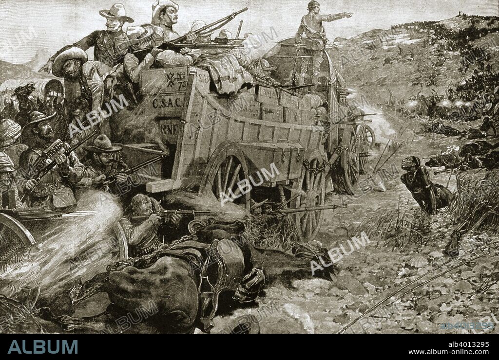 The Matabele War, 1893, (1901). Attack on the laager of wagons on the Imbembezi River, 1 November. The First Matabele War was fought in 1893 between the British South Africa Company and the Ndebele (Matabele) people.  From The Illustrated London News, 1901.